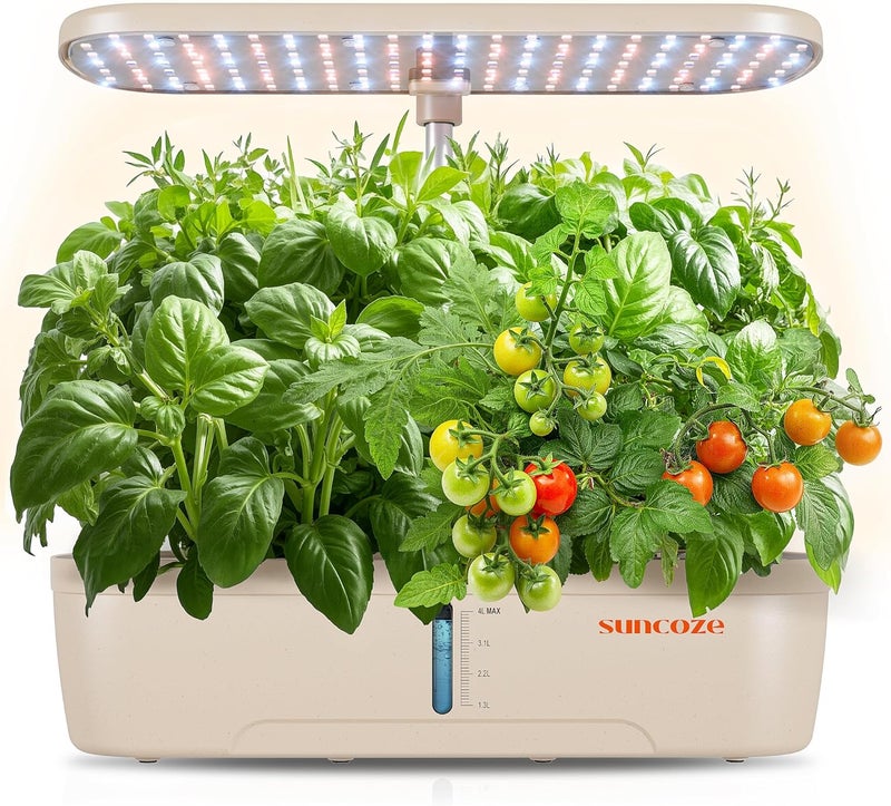 SUNCOZE Hydroponics Growing System Kit 12 Pods, Indoor herb Garden with 20W LED Grow Light, Visible Water Tank with Pump, 2.2"-12.4" Adjustable Height Indoor Gardening System, Gardening Gifts, Beige - Image 1